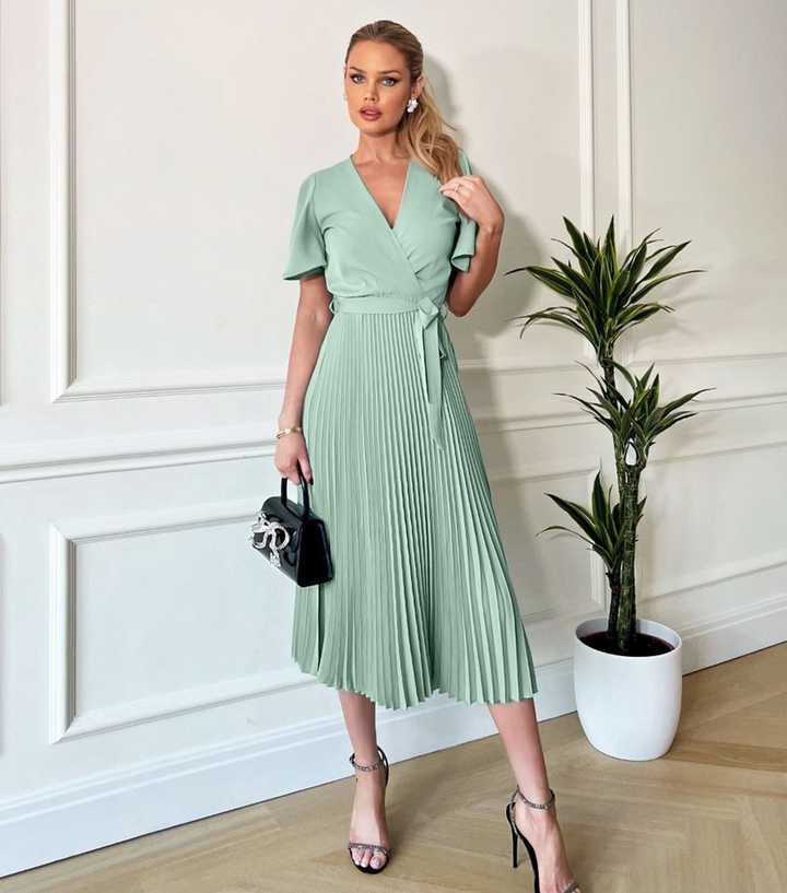 AX Paris Light Green Pleated Midi Wrap Dress