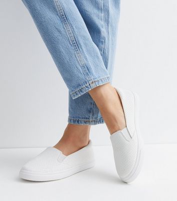 White Perforated Slip On Trainers New Look
