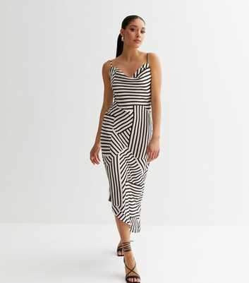 White Geometric Stripe Cowl Neck Midi Dress