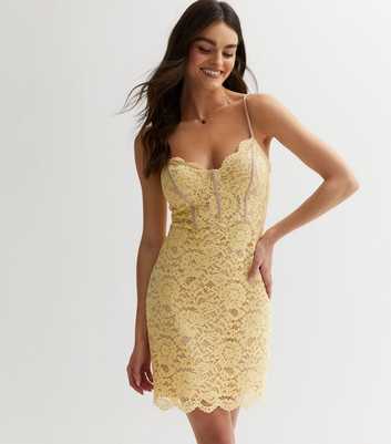 Premium Pale Yellow Lace Bodycon Mini Dress