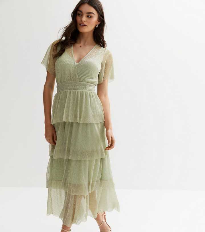 Light Green Glitter Pliss Tiered Midi Dress