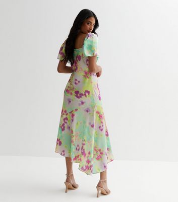 Pink floral asymmetric midi dress sale