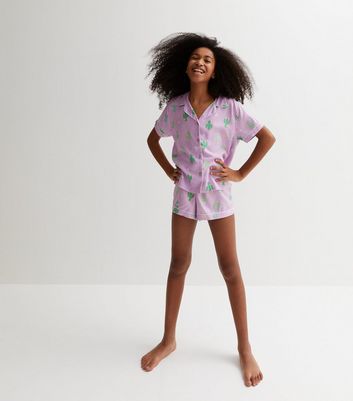 Girls Purple Short Pyjama Set with Cactus Print