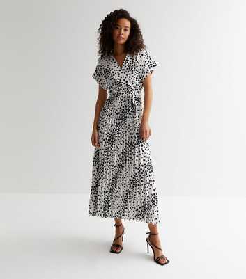 Tall White Spot Satin Pleated Midi Dress