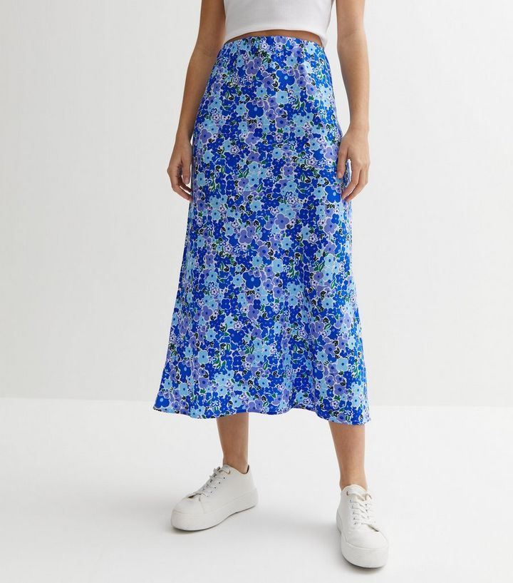Influence Blue Floral Bias Cut Midi Skirt | New Look