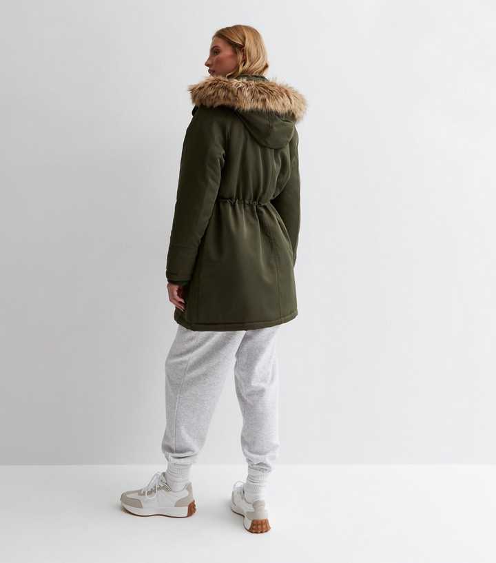 Maternity Khaki Faux Fur Lined Hooded Parka Jacket