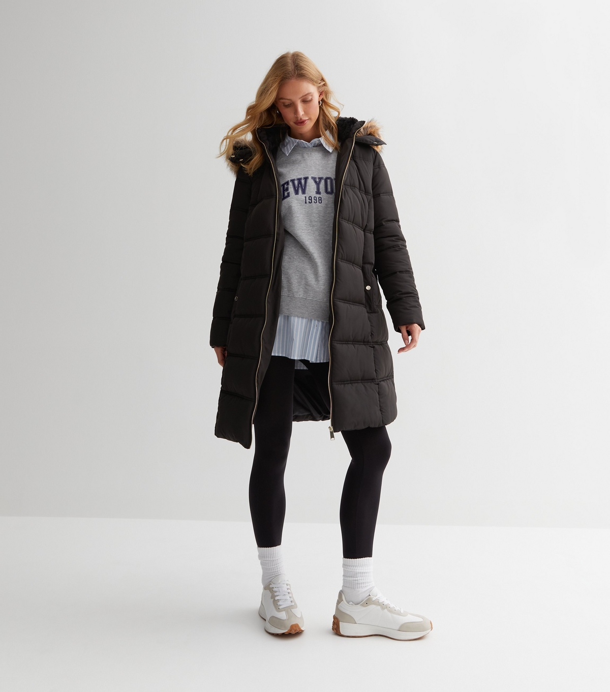 Women's Maternity Black Faux Fur Hood Belted Puffer Coat New Look