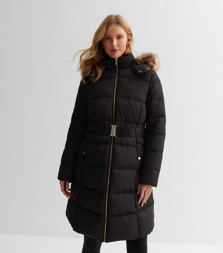 Maternity Black Faux Fur Hood Belted Puffer Coat