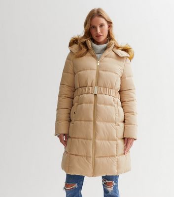 Maternity Camel Faux Fur Hood Belted Puffer Coat New Look