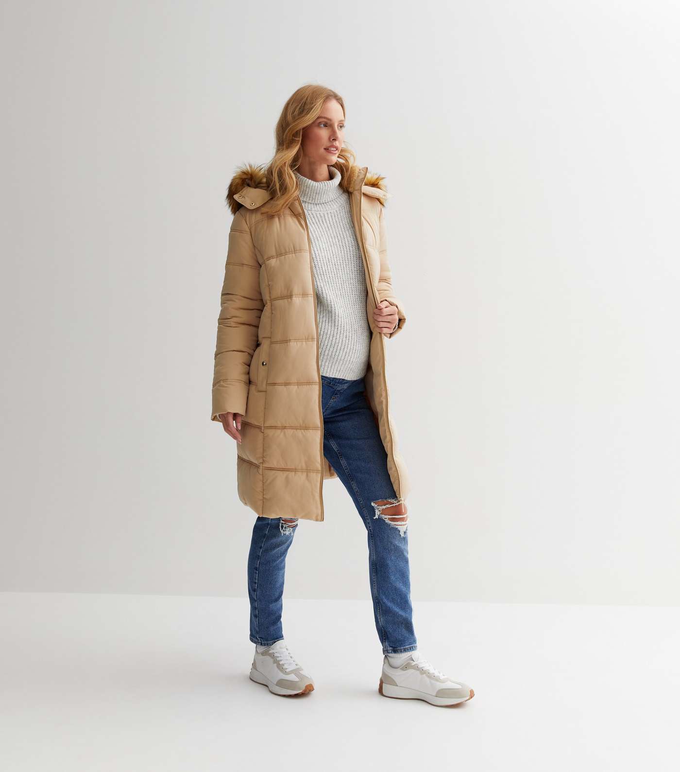 Maternity Camel Faux Fur Hood Belted Puffer Coat Image 2