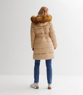 Maternity Camel Faux Fur Hood Belted Puffer Coat New Look