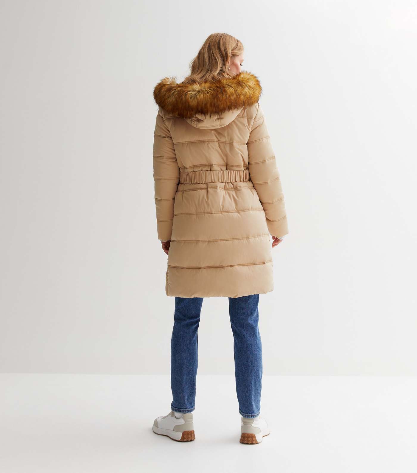 Maternity Camel Faux Fur Hood Belted Puffer Coat Image 4