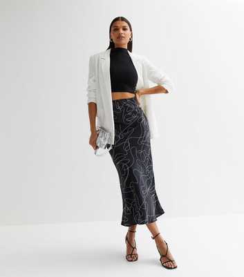 Influence Black Doodle Print Satin Bias Cut Midi Skirt