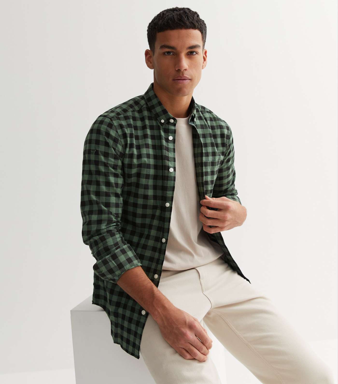 Only & Sons Green Check Long Sleeve Oxford Shirt Image 2