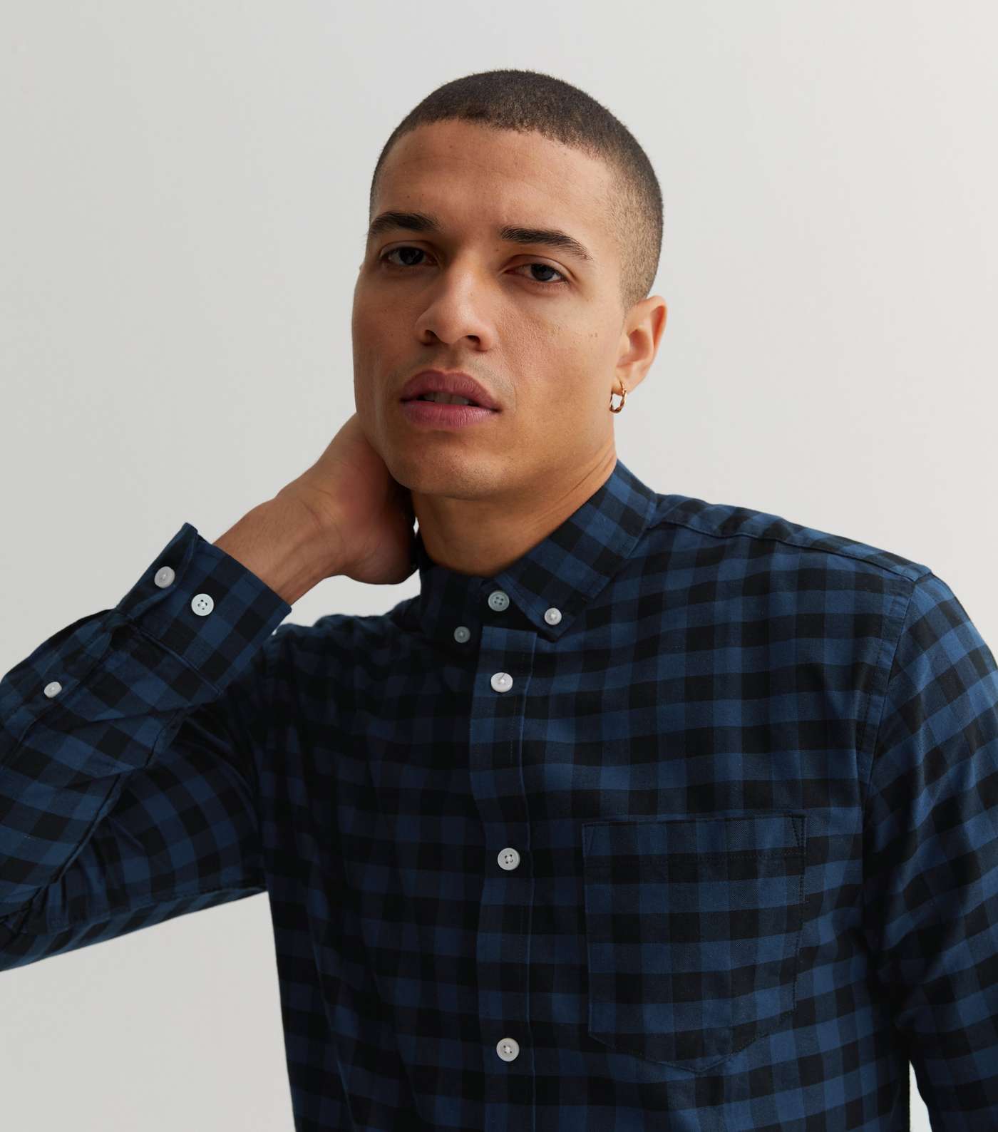Only & Sons Navy Check Long Sleeve Oxford Shirt Image 2