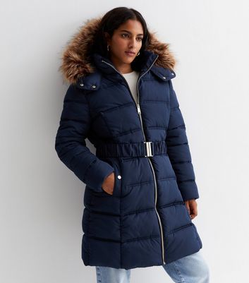 Petite Navy Belted Hooded Puffer Jacket