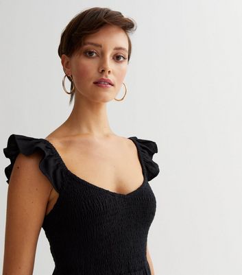 Black Shirred Frill Midi Dress New Look