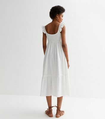 White Shirred Frill Midi Dress New Look