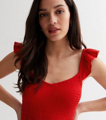 Red Shirred Frill Midi Dress New Look