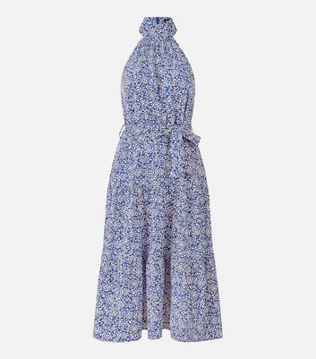 Mela Blue Ditsy Floral Halter Belted Midi Dress New Look