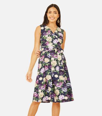 Mela Navy Floral Belted Midi Wrap Dress New Look