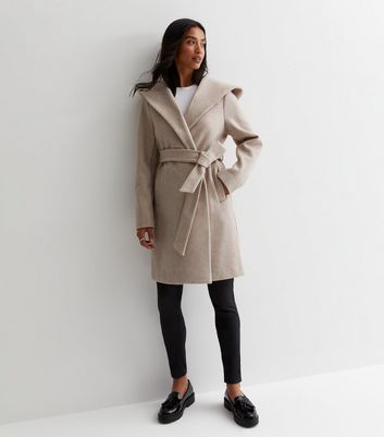 Long Wide Notched Collar Wrap Warm Taupe Coat
