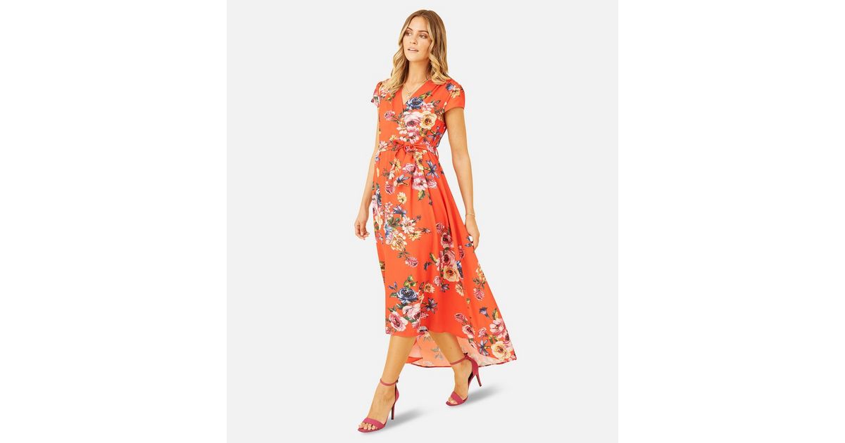 Mela Orange Floral Wrap Dress New Look