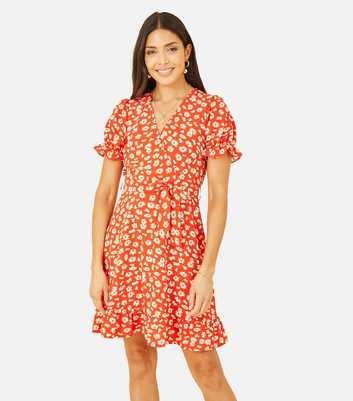 Mela Red Daisy Frill Belted Mini Wrap Dress