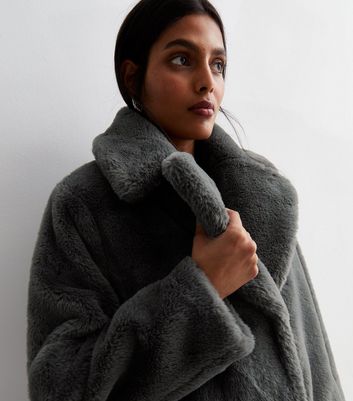Dark Grey Faux Fur Coat New Look