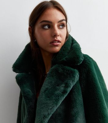 Dark Green Faux Fur Coat New Look