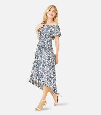 Mela Blue Floral Frill Shirred Dip Hem Bardot Maxi Dress
