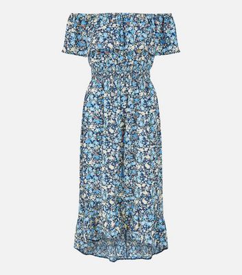 Mela Blue Floral Frill Shirred Dip Hem Bardot Maxi Dress New Look