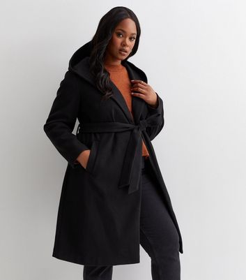 Curves Black Hooded Belted Coat