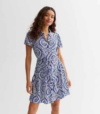 Petite Blue Abstract Belted Mini Shirt Dress