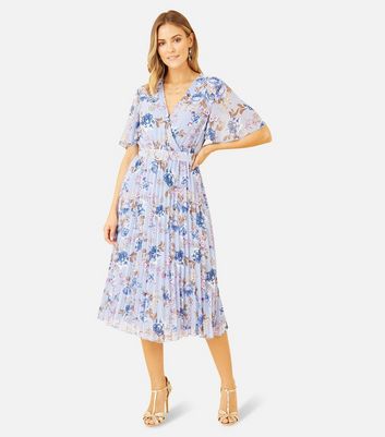 Mela Lilac Floral Chiffon Pleated Belted Midi Wrap Dress New Look
