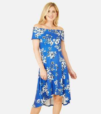 Mela Blue Floral Satin Bardot Dip Hem Midi Dress