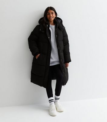 Black Longline Hooded Puffer Coat | New Look