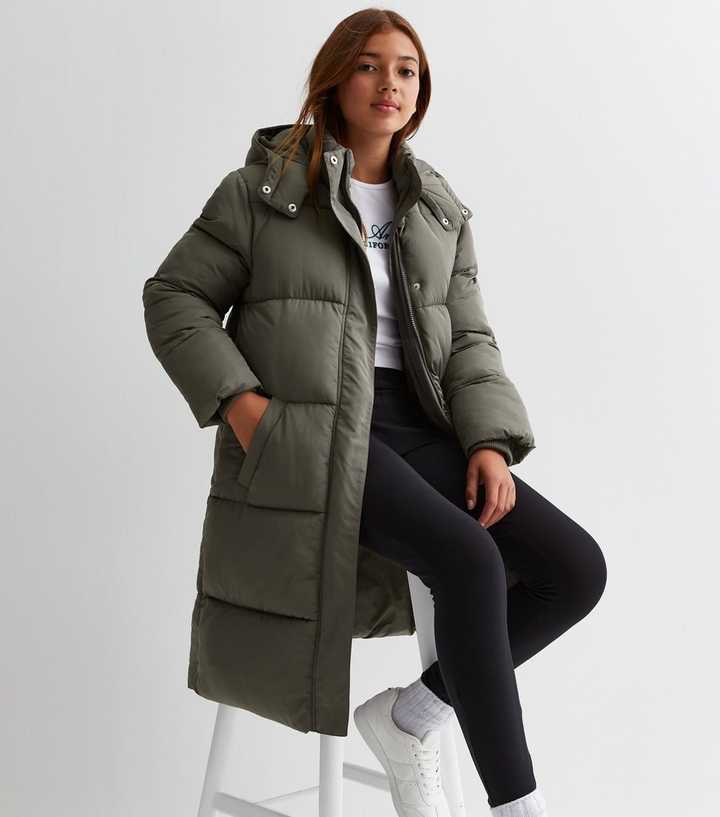 Girls Olive Hooded Long Puffer Coat