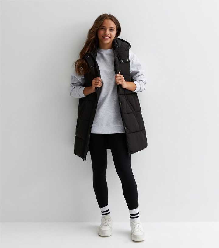 Girls Black Long Hooded Gilet