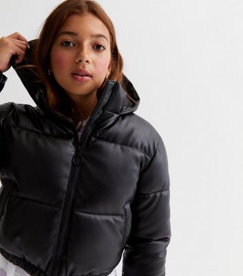 Black leather cheap look puffer jacket