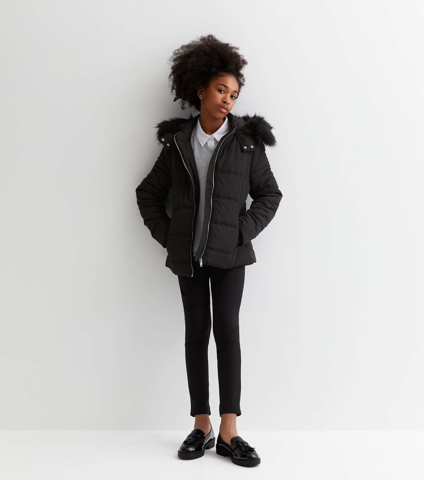 Girls Black Faux Fur Trim Hooded Puffer Jacket