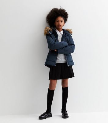 Girls Navy Faux Fur Trim Hooded Puffer Jacket New Look
