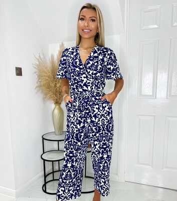 AX Paris Navy Paisley Belted Wrap Jumpsuit