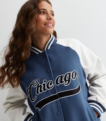 Girls Blue Chicago Logo Varsity Jacket New Look