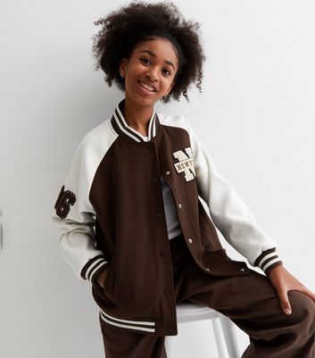 Girls Dark Brown New York Varsity Jacket New Look