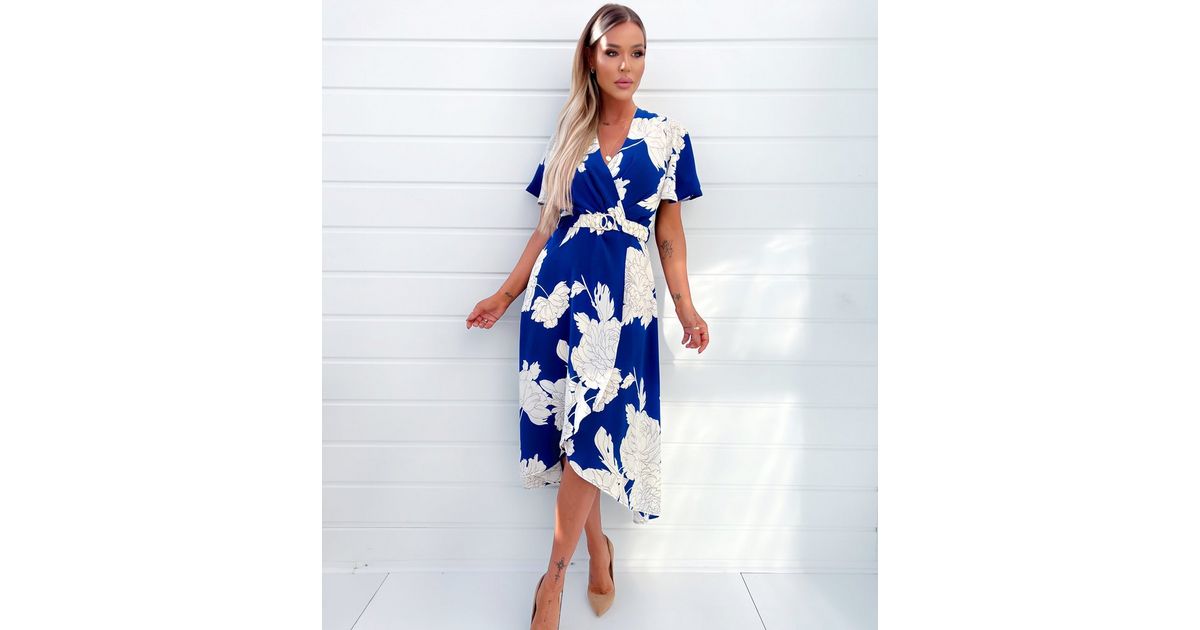 Blue And Cream Floral Printed Short Sleeve Belted Midi Dress – AX