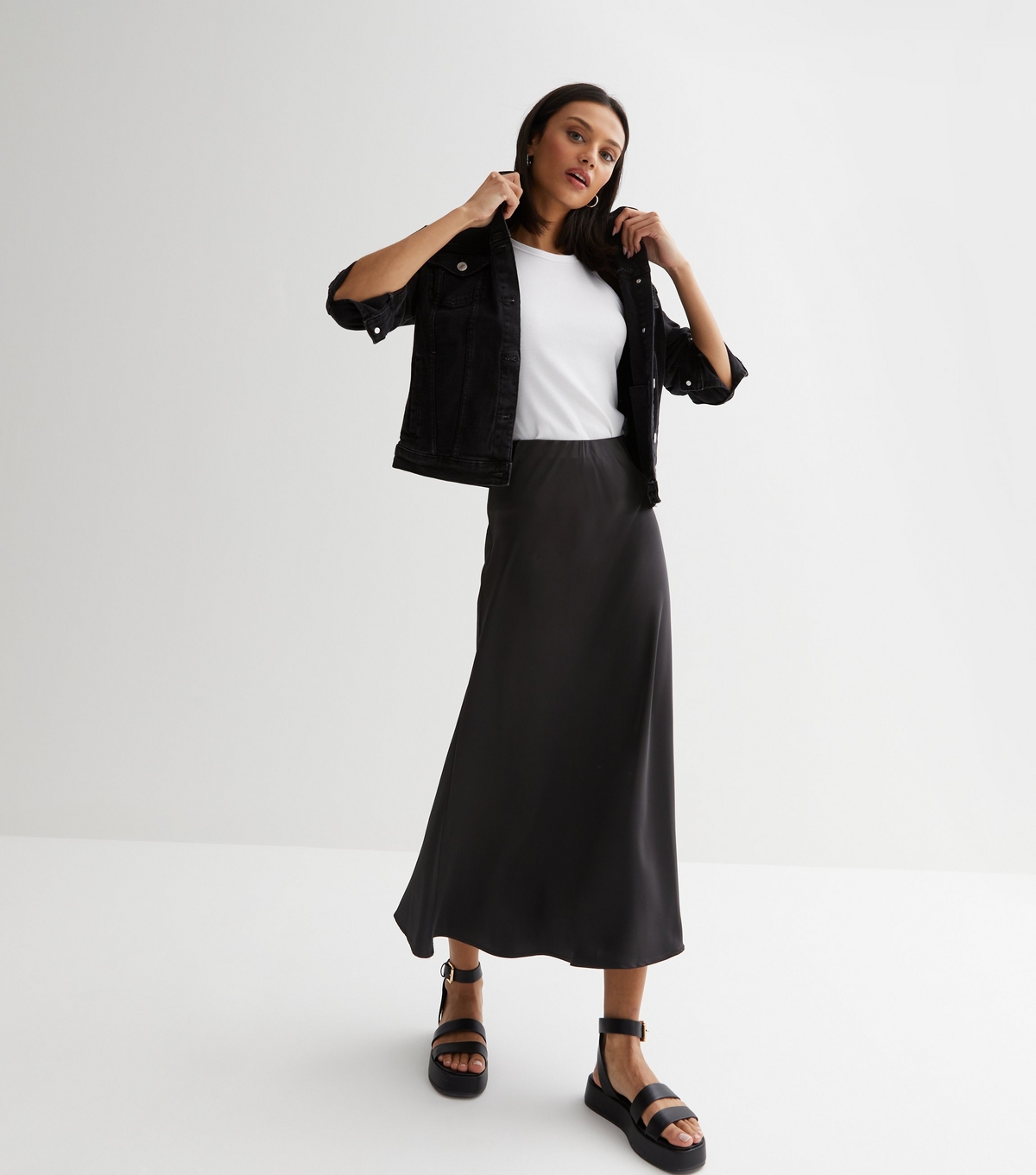 Women's Black Satin High Waist Midi Skirt Gini London New Look