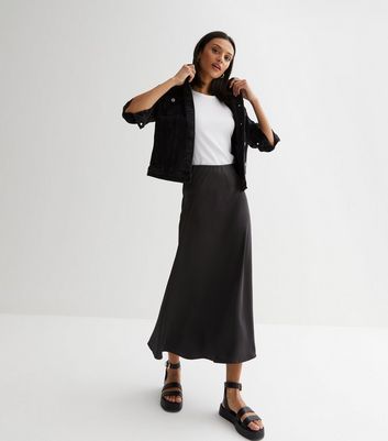 Gini London Black Satin High Waist Midi Skirt