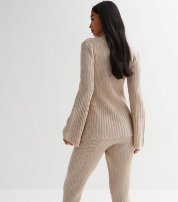 Petite Stone Ribbed Knit Long Flared Sleeve Top | New Look