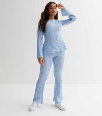 Petite Pale Blue Ribbed Knit Flared Sleeve Top